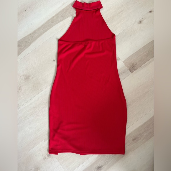 RED Ribbed High Neck Split Detail Bodycon Dress - Picture 6 of 10